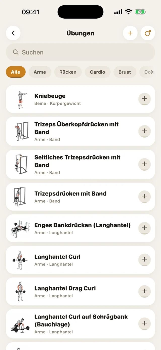 Die Übungsbibliothek von GymMonster mit Muskelgruppen-Filtern