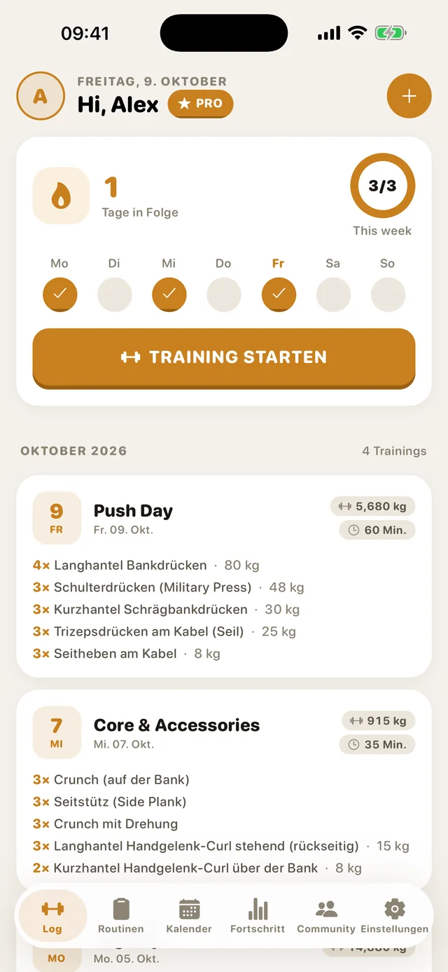 Der GymMonster-Startbildschirm mit deinem Streak und den letzten Workouts