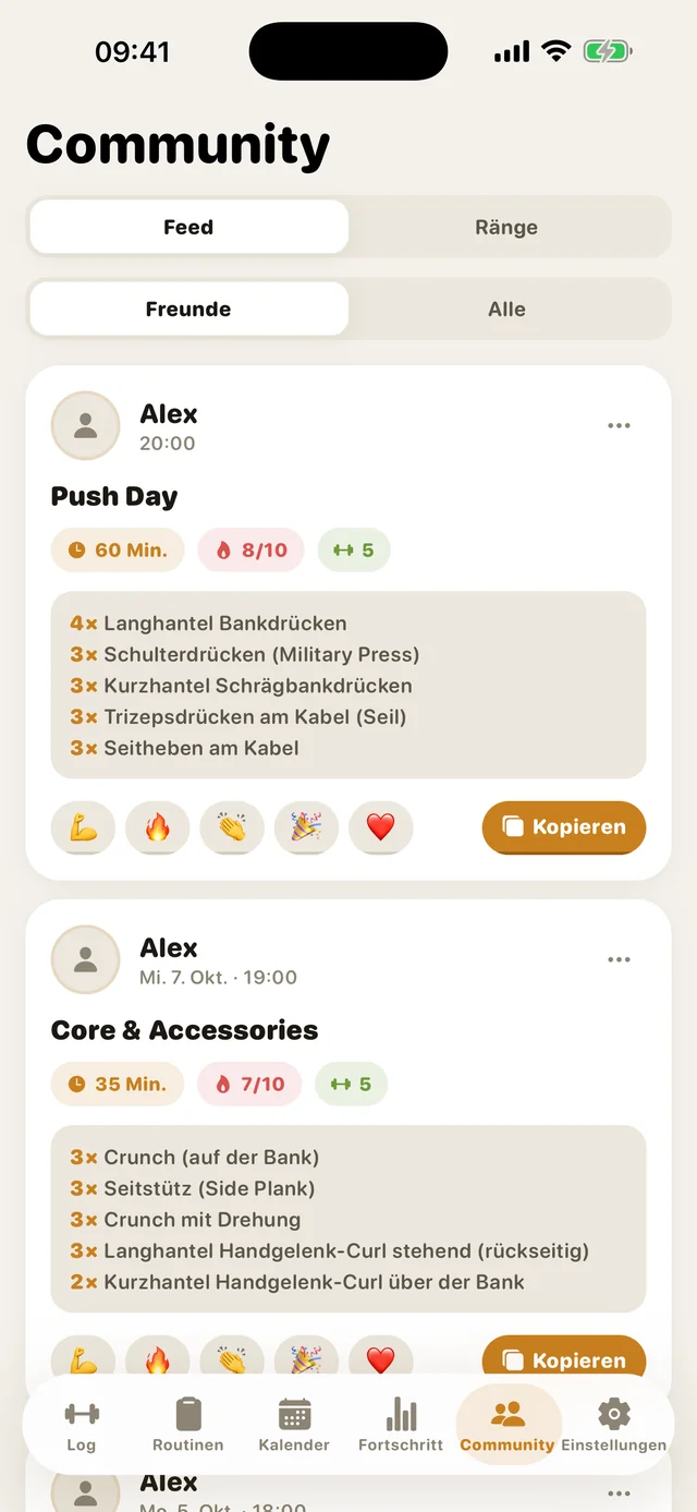 Der Social-Feed von GymMonster mit den Workouts deiner Freunde