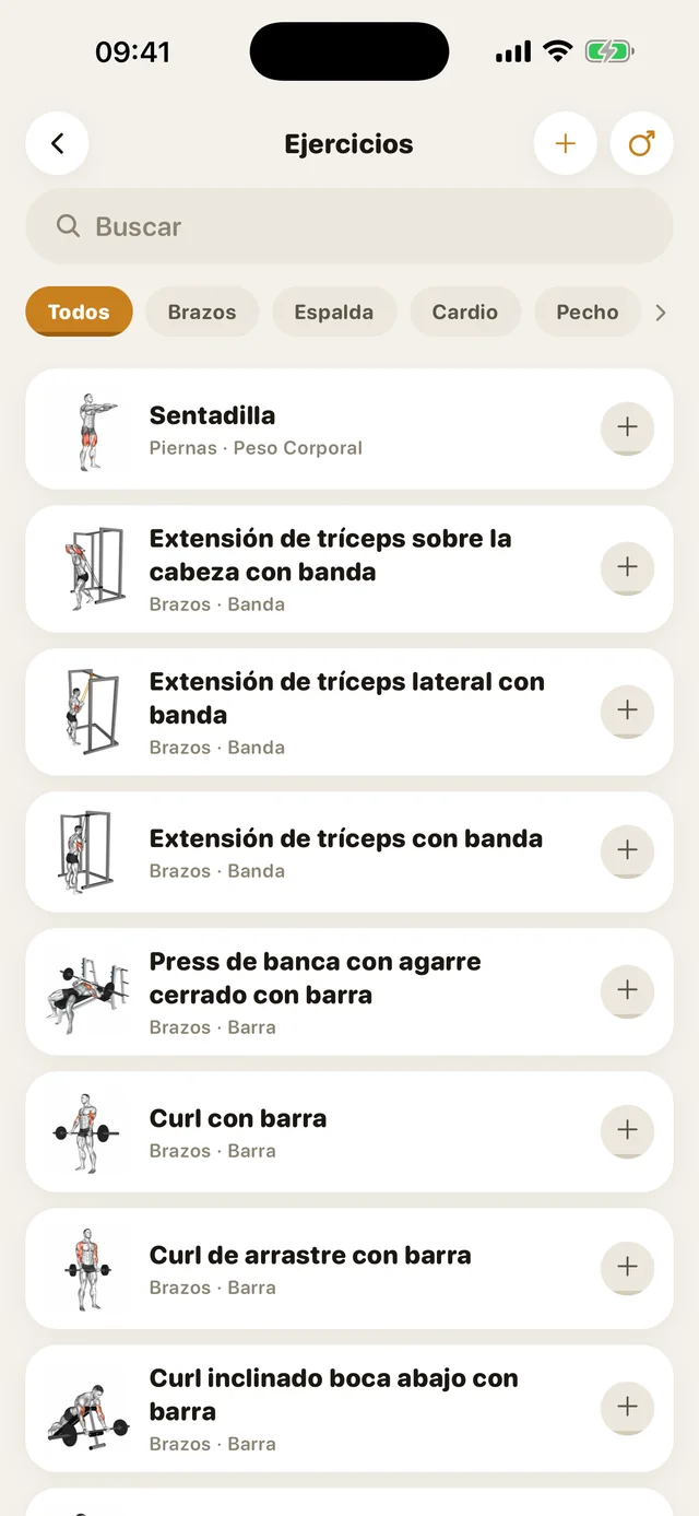 La biblioteca de ejercicios de GymMonster con filtros por grupo muscular