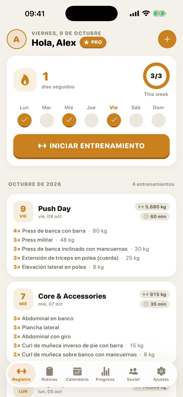 La pantalla de inicio de GymMonster con tu racha y tus entrenos recientes