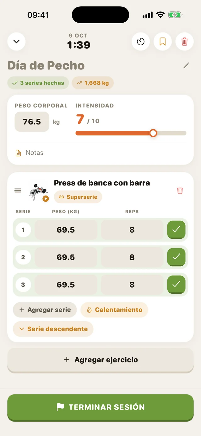 Registrando una serie en GymMonster