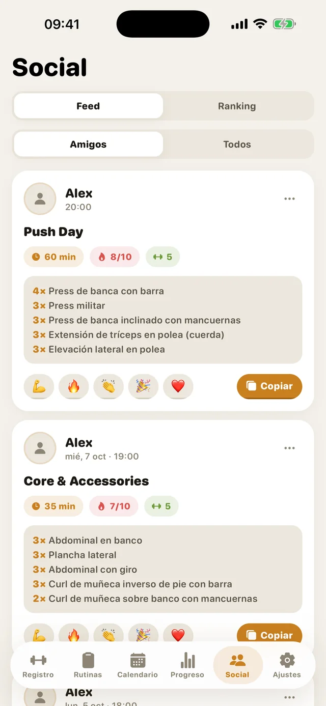 El feed social de GymMonster con los entrenos de tus amigos