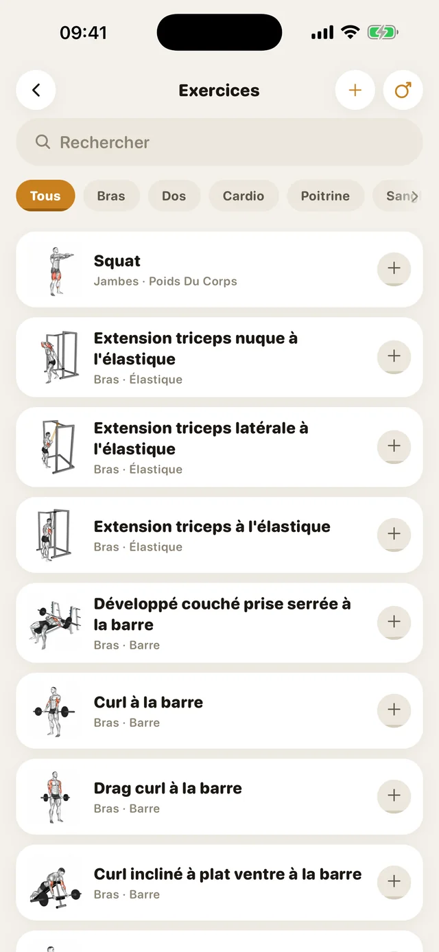 La bibliothèque d'exercices de GymMonster avec filtres par groupe musculaire