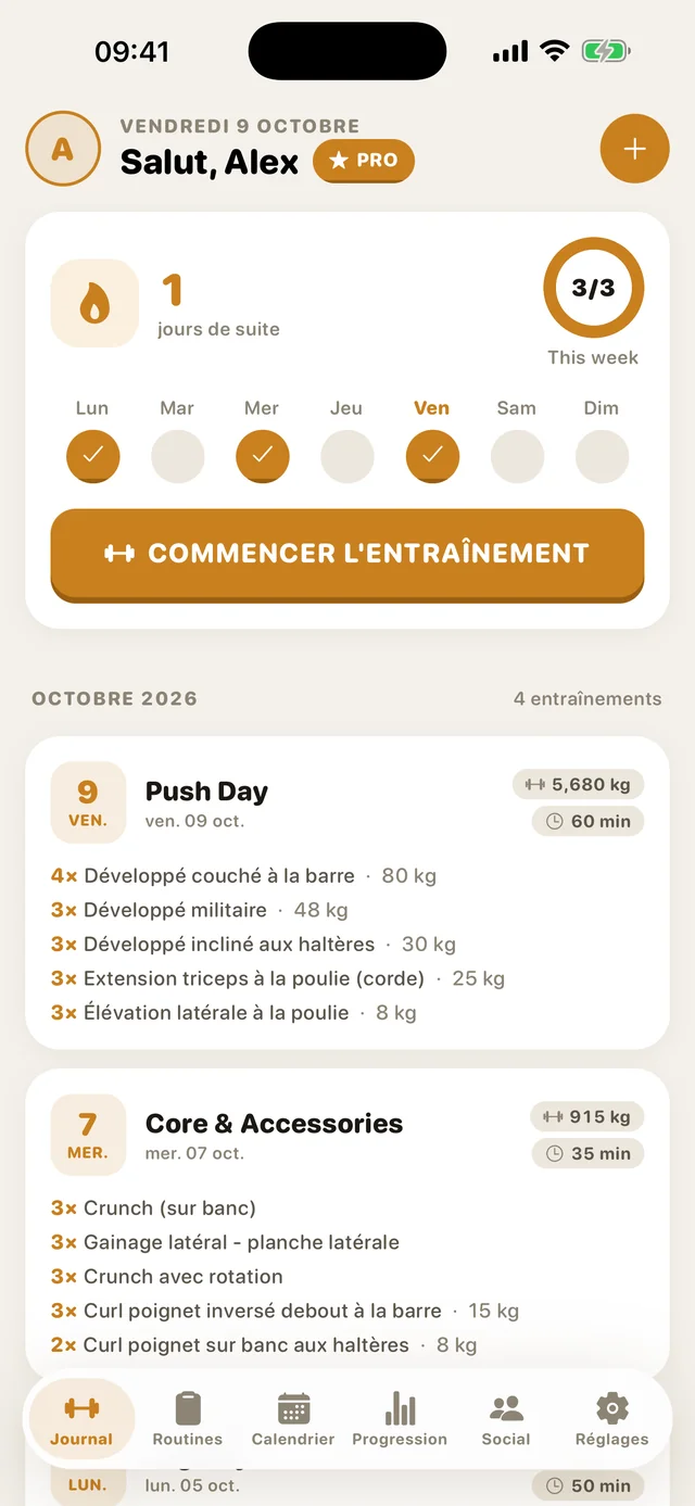 L'accueil de GymMonster avec votre série et vos dernières séances
