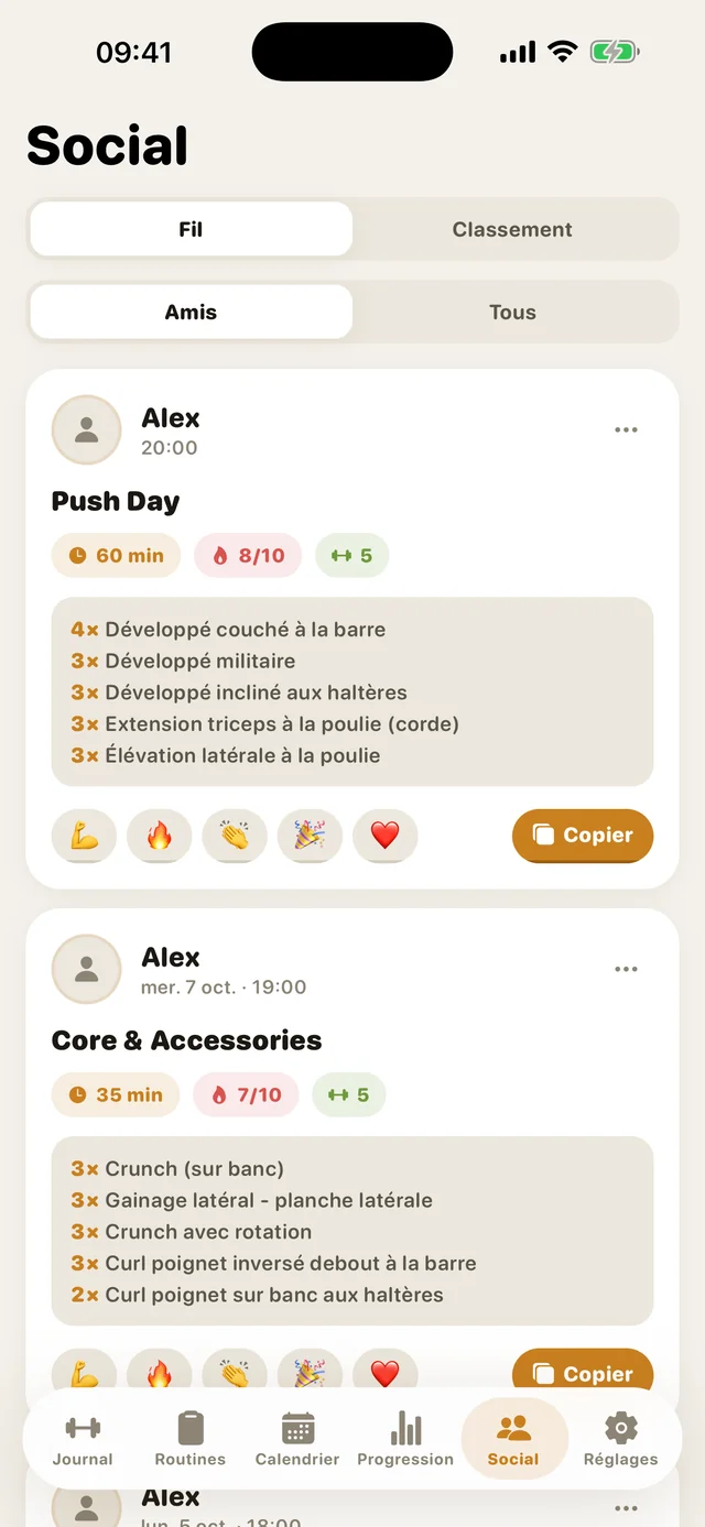 Le fil social de GymMonster avec les séances de vos amis