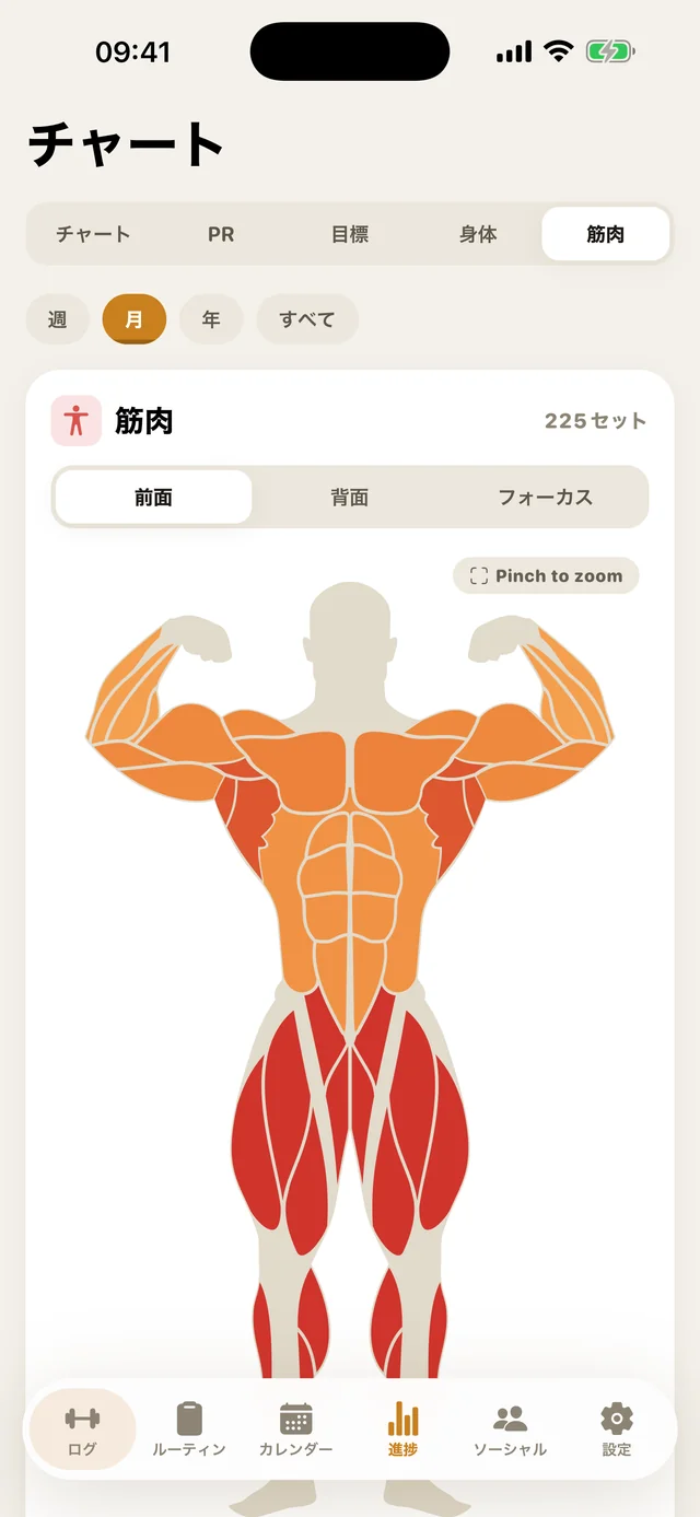 鍛えた筋肉群を表示する筋肉ヒートマップ
