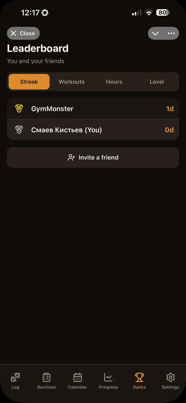 Friends leaderboard — streaks, workouts, hours and levels
