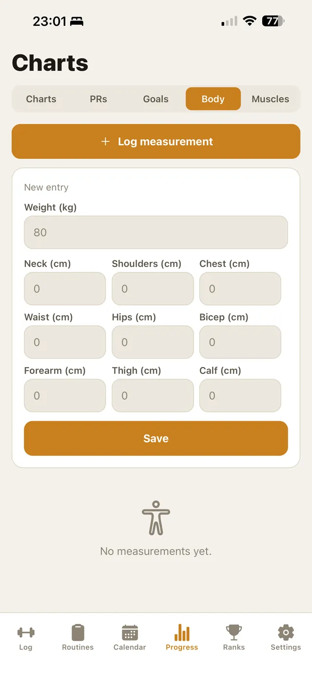 Body measurement tracking in the mobile app