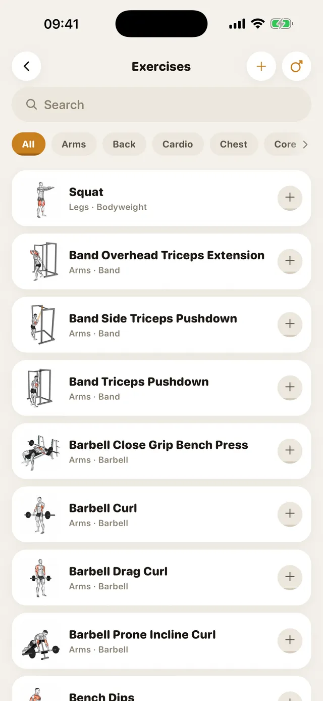 GymMonster's exercise library with muscle-group filters