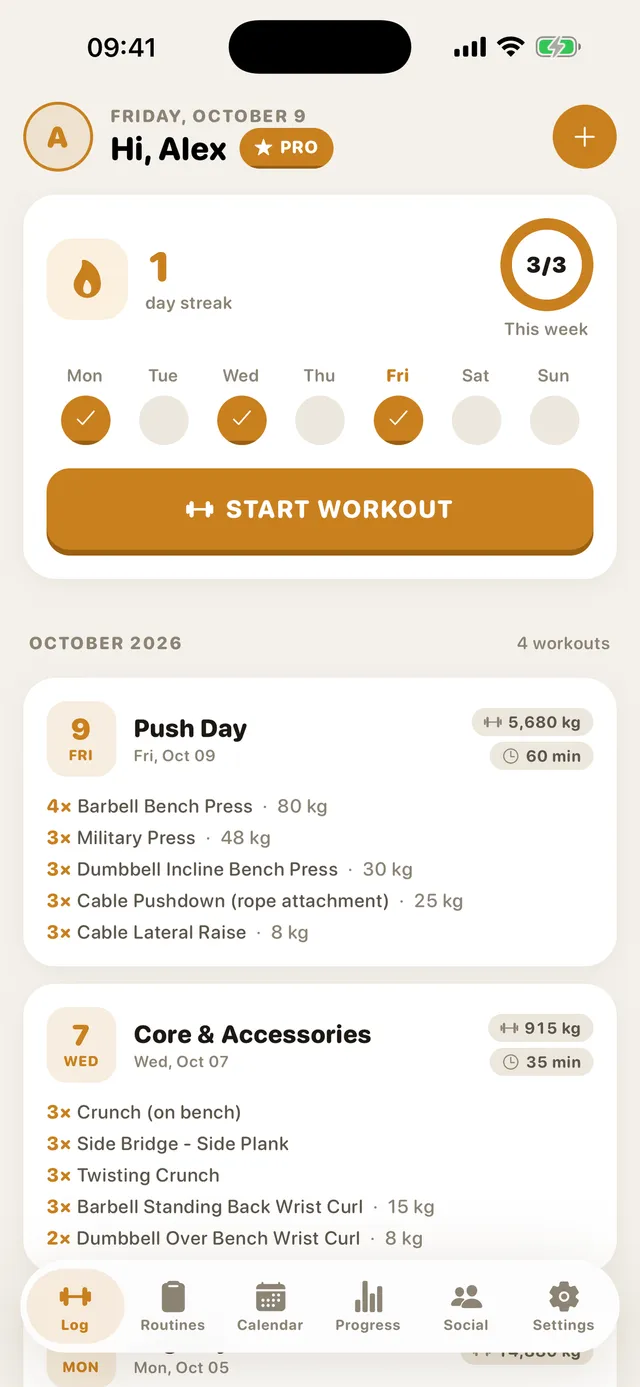 The GymMonster home screen with your streak and recent workouts