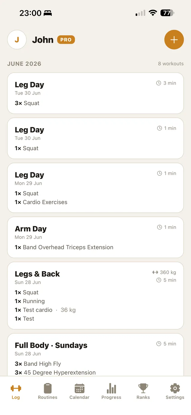 Logging a workout in the GymMonster mobile app