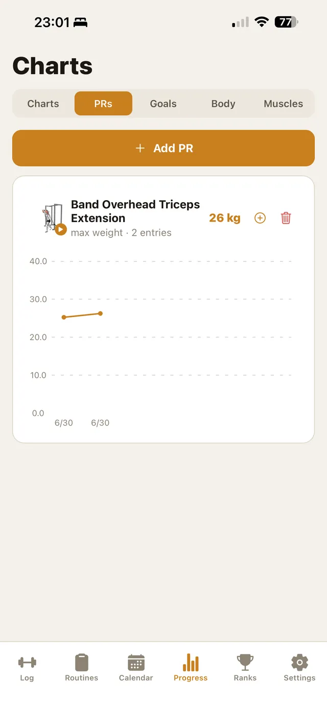 PR charts in the GymMonster mobile app