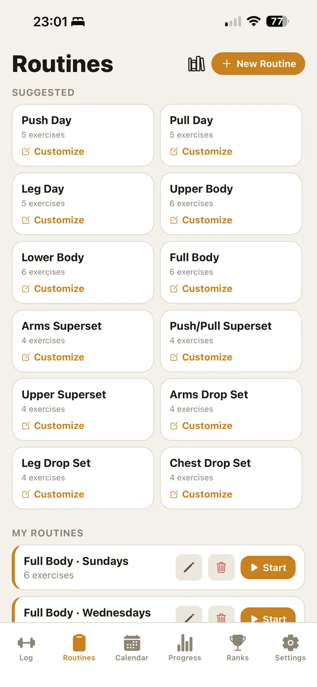 GymMonster's pre-built routines on Android and iOS