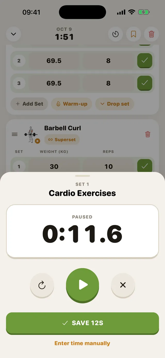 Timing a set with the built-in set timer in GymMonster