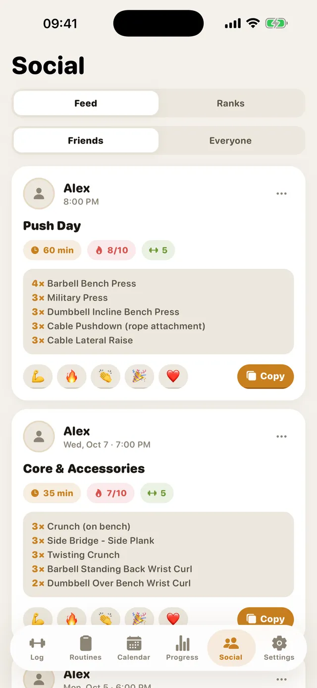 GymMonster's social feed with friends' workouts