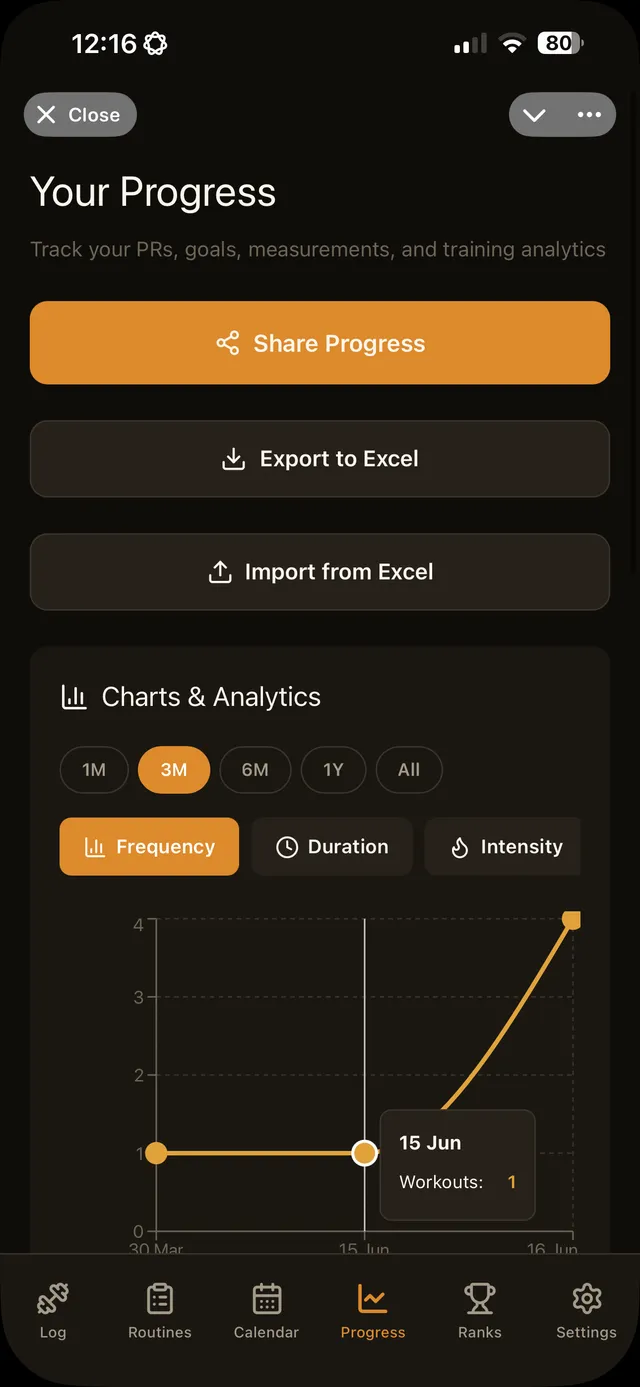 GymMonster progress charts showing training volume and intensity over time