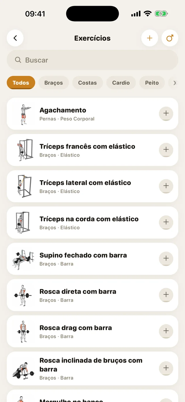 A biblioteca de exercícios do GymMonster com filtros por grupo muscular