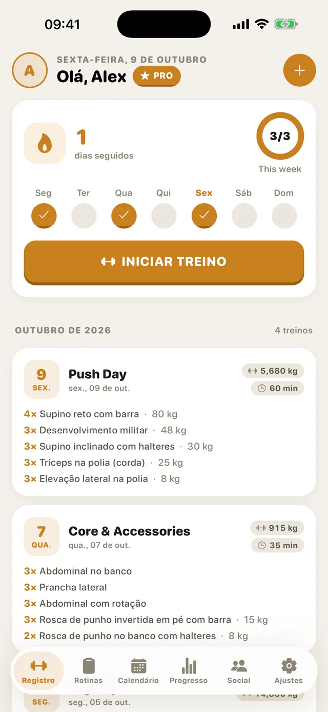 A tela inicial do GymMonster com sua sequência e os treinos recentes