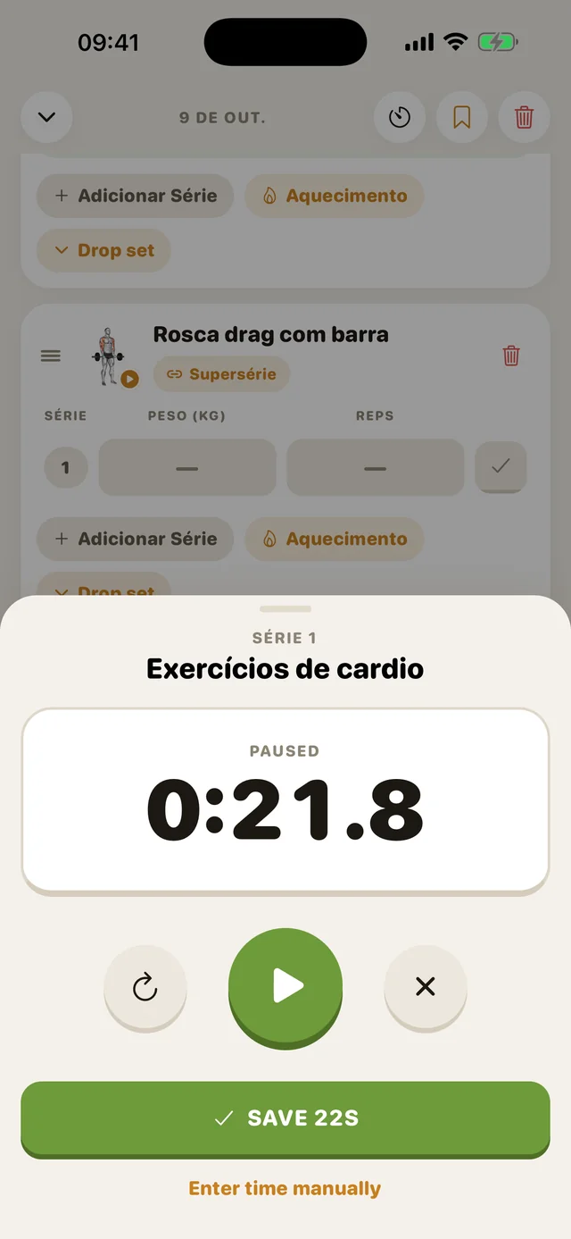 Cronometrando uma série com o timer integrado do GymMonster