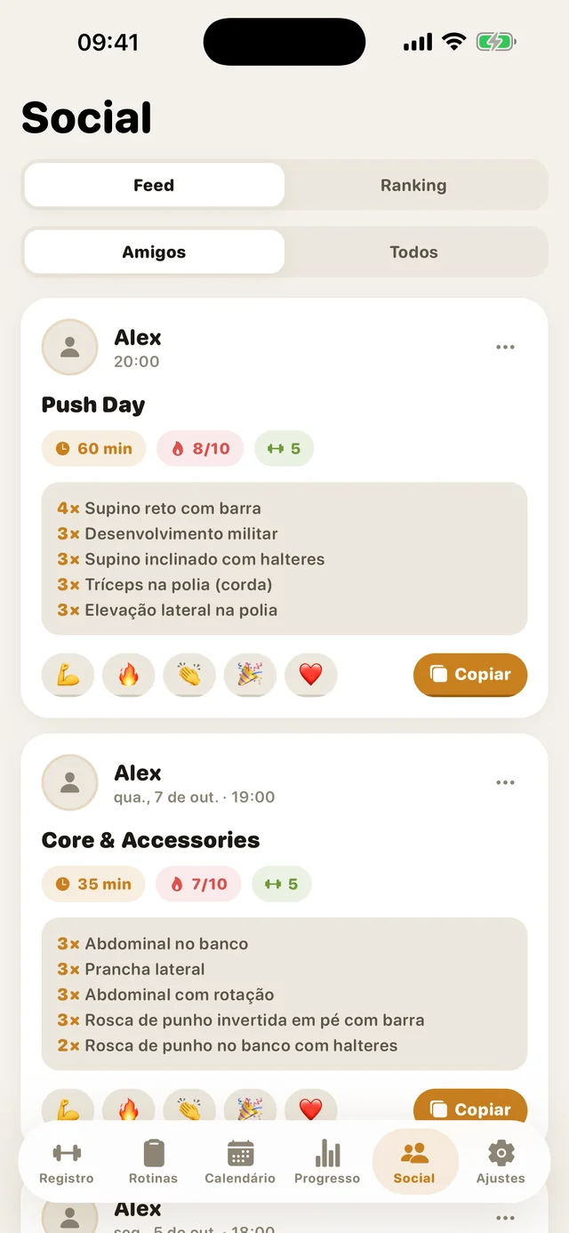 O feed social do GymMonster com os treinos dos amigos