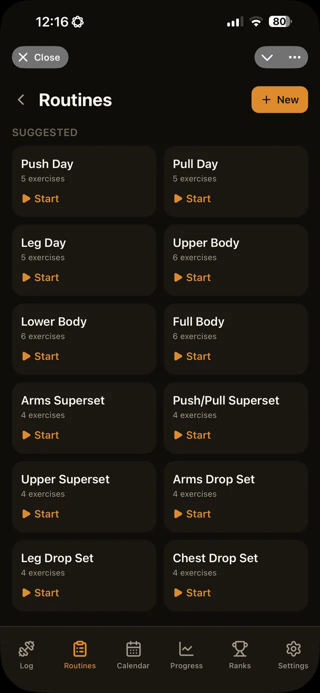 GymMonster's pre-built Push, Pull, Legs, Upper and Full Body routines