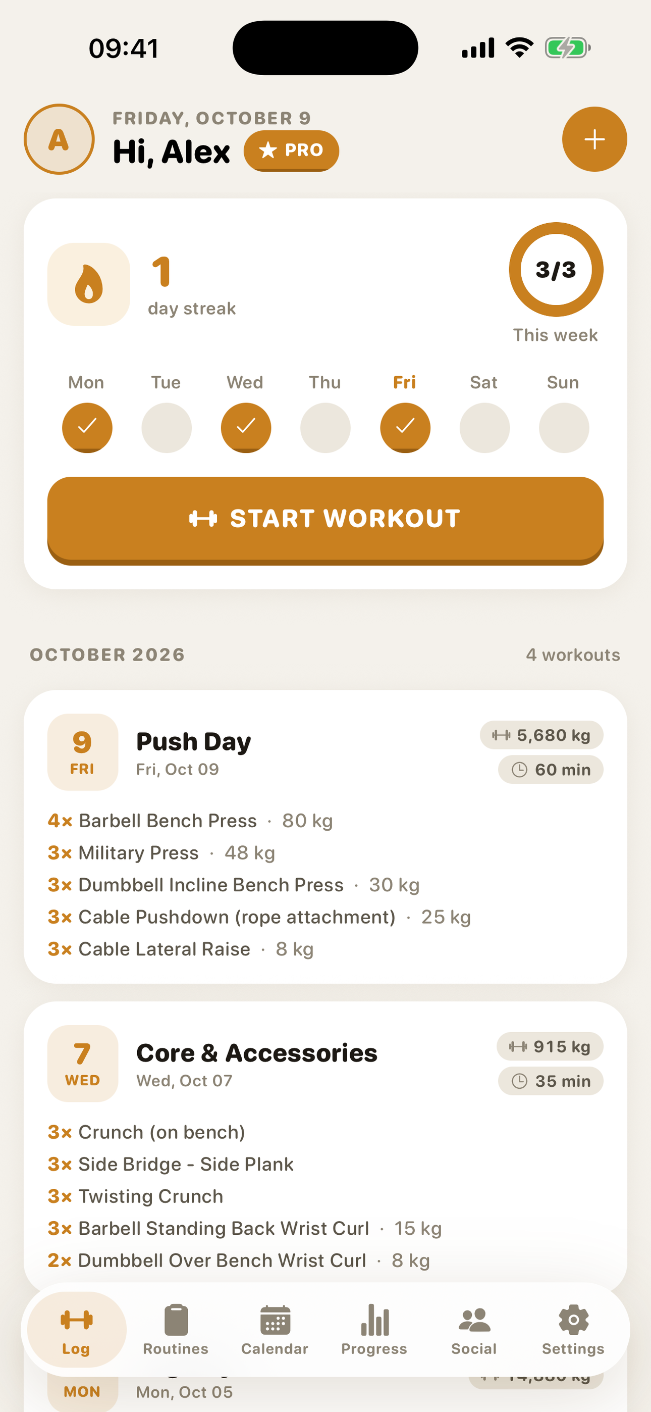 GymMonster — home dashboard with workout streak and recent workouts