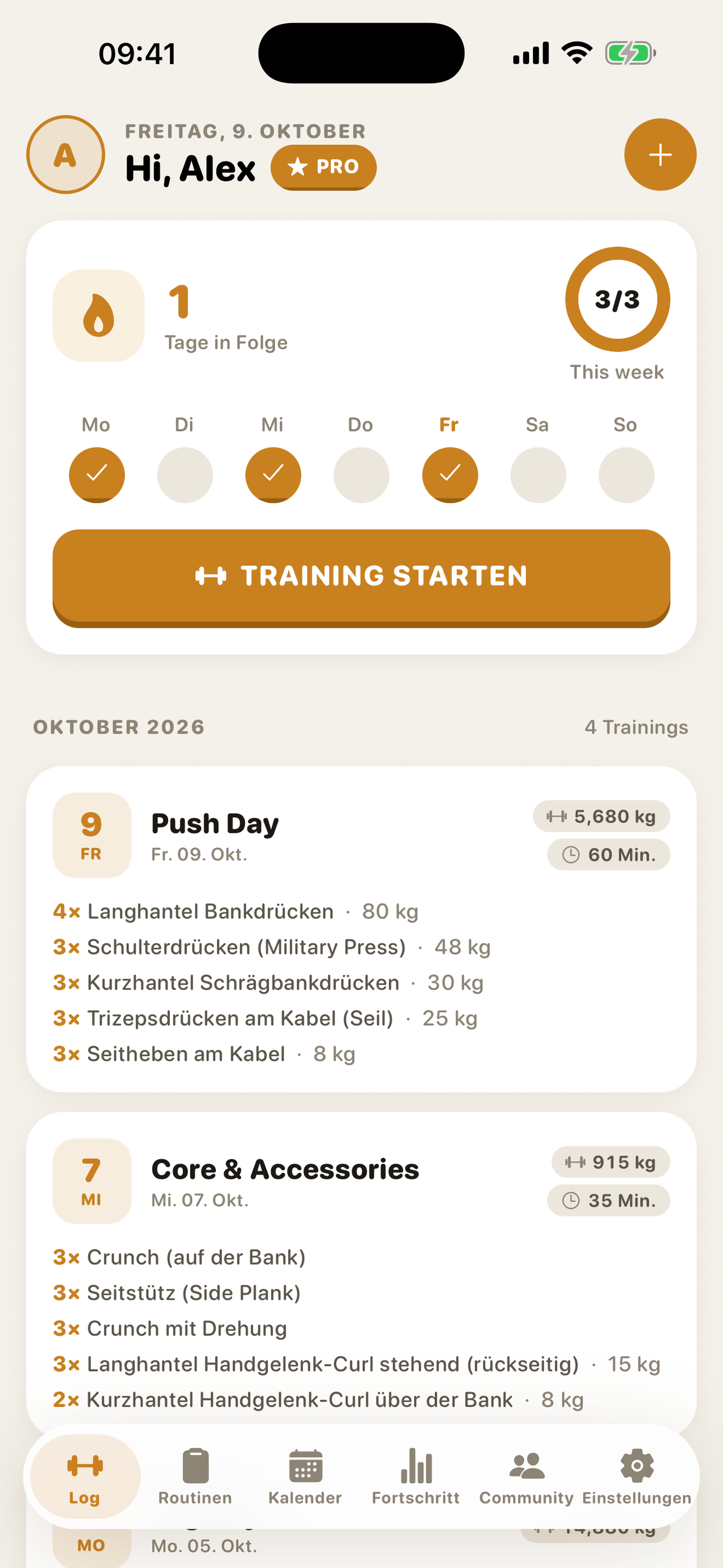 GymMonster — home dashboard with workout streak and recent workouts