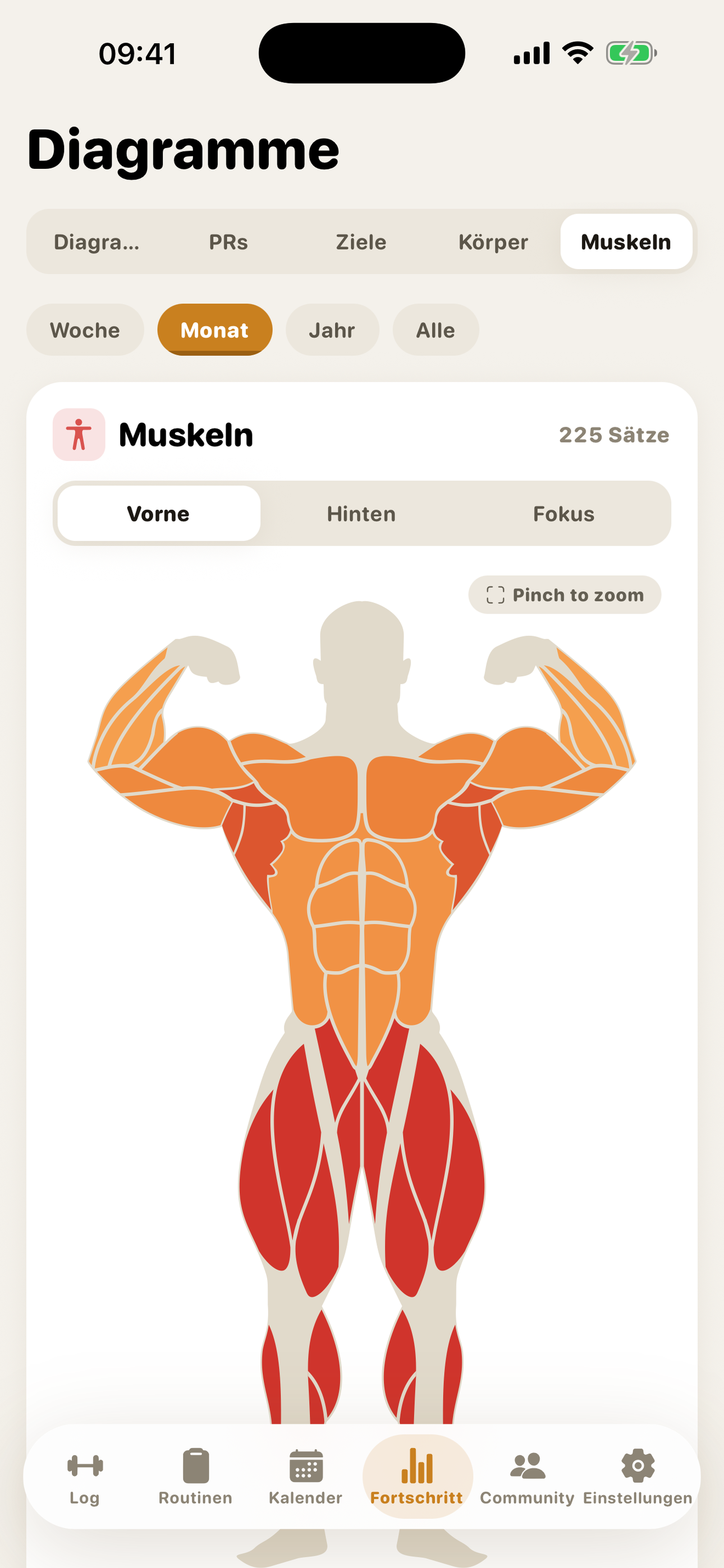 GymMonster — muscle heatmap showing trained muscle groups