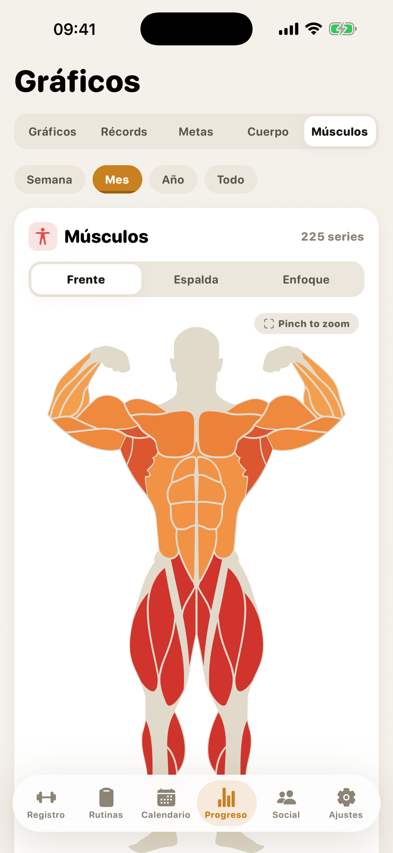 GymMonster — muscle heatmap showing trained muscle groups