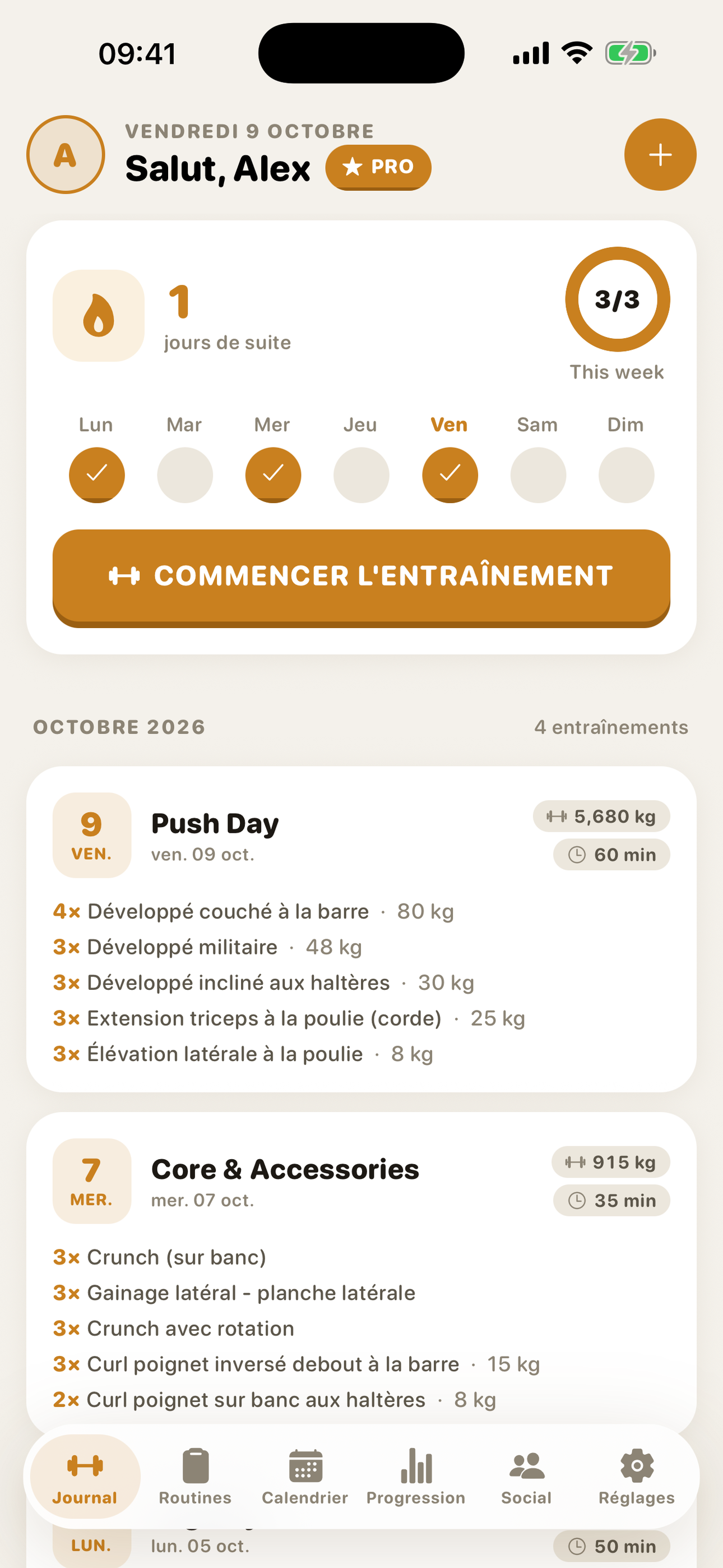 GymMonster — home dashboard with workout streak and recent workouts