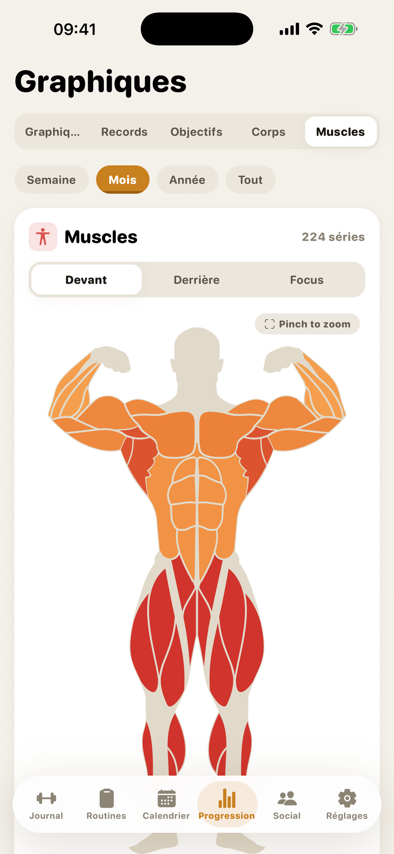 GymMonster — muscle heatmap showing trained muscle groups