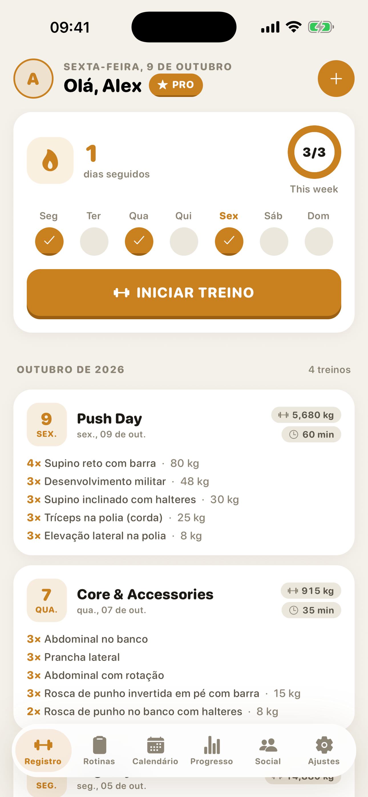 GymMonster — home dashboard with workout streak and recent workouts